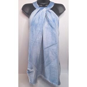Collection by Cezele Light Wash Denim Halter Top Distressed Frayed Hem Large NWT